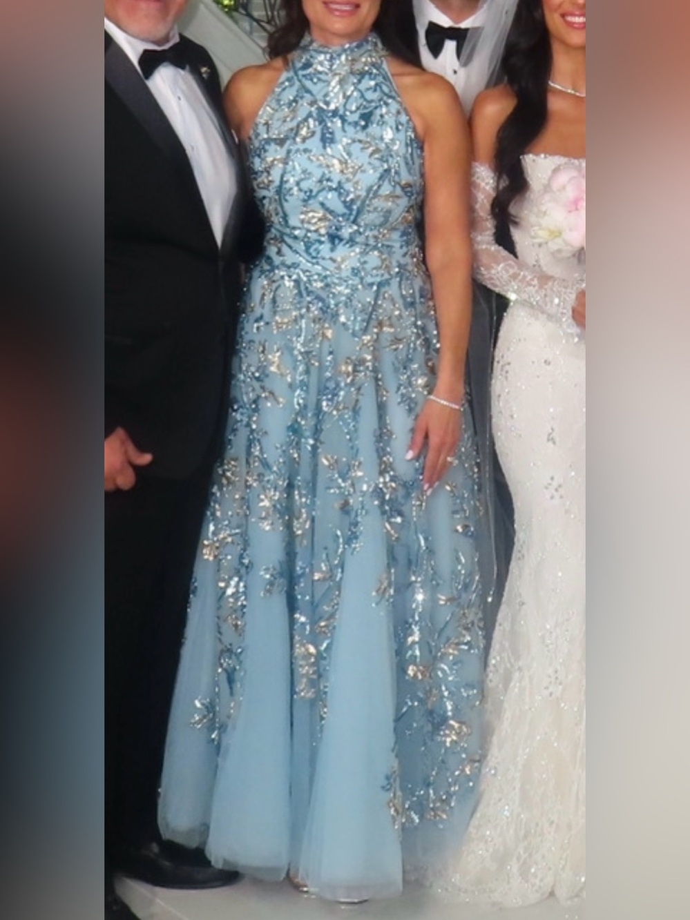 Elegant Light Blue Halter Embellished Wedding Guest Dress